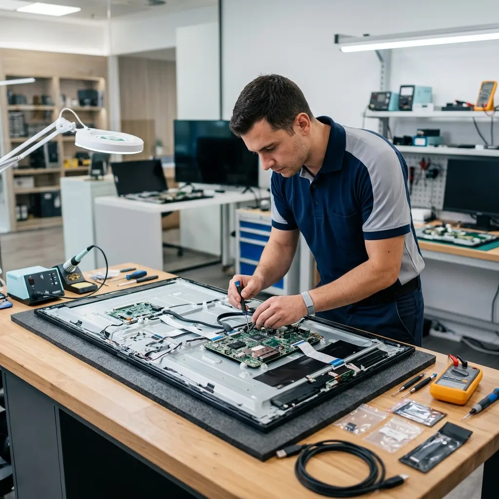 Expert TV repair technician working on motherboard